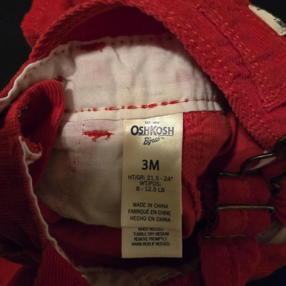 OshKosh‎ B'gosh Overalls Girls 0-3 Months Red Corduroy 100% Cotton Ribbon Bow